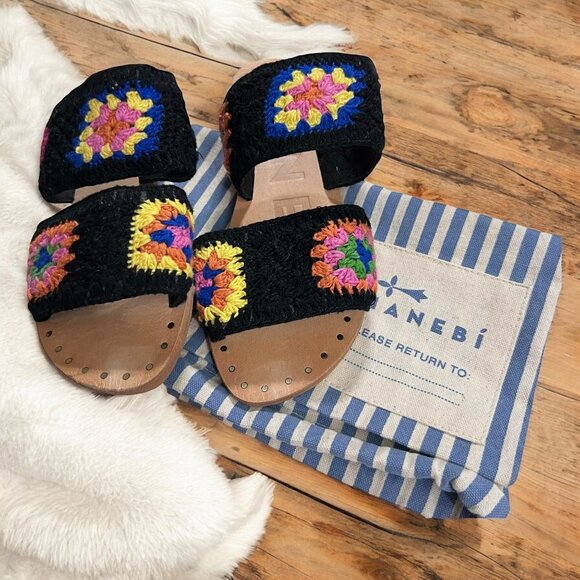 Manebí Black Crochet Granny Square Wide Strap Sandals with Dust Bag Size 7‎ - Picture 2 of 8